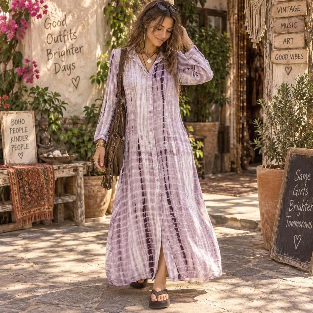 BLANK NYC Tie-Dye Maxi Shirt Dress Size S Mauve Plum Rayon